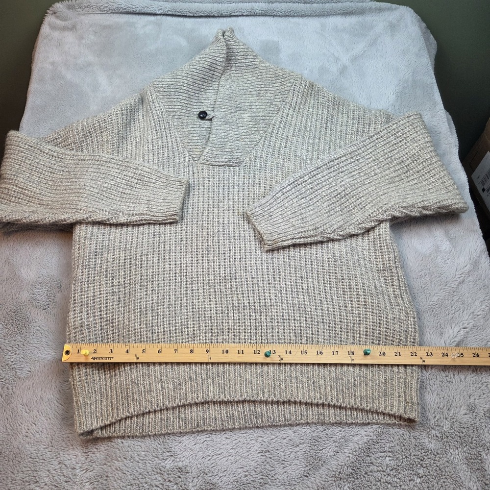 VTG Eddie Bauer Wool Shawl Collar Sweater Men L Ribbed Knit Pullover Button Gray